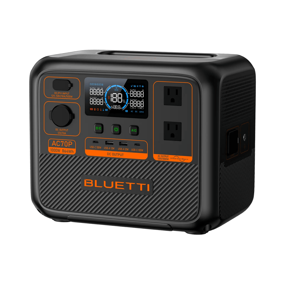 Casavibeo BLUETTI AC70P portable power station with 1000W and 864Wh capacity, shown with multiple power outlets and digital display.