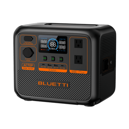 Casavibeo BLUETTI AC70P portable power station with 1000W and 864Wh capacity, shown with multiple power outlets and digital display.