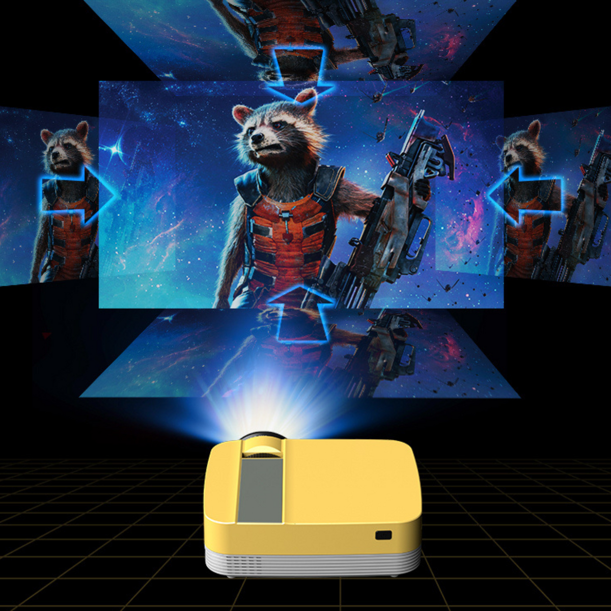 Belro portable HD mini smart USB projector displaying images on a wall, compact electronic device for mobile and laptop use.
