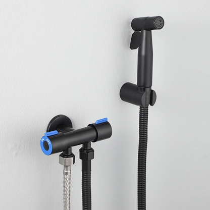 Belro handheld self-cleaning toilet bidet spray attachment mounted on a bathroom wall, showcasing its ergonomic design and spray nozzle.
