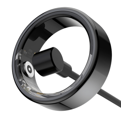 Belro smart ring for sleep and fitness tracking, close-up view showing sleek black design and sensor details.