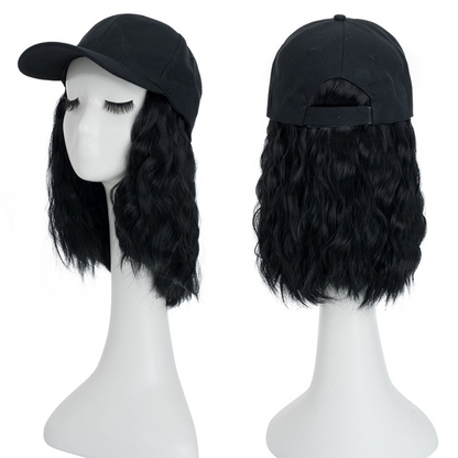 Belro heat resistant synthetic wavy wig extension attached to a baseball cap, showcasing hair accessory with wavy style and adjustable fit.