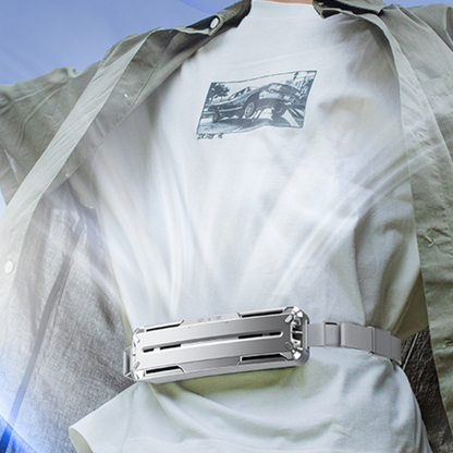 Belro hands-free waist fan belt for travel, designed to keep you cool, shown wrapped around a person's waist in a travel setting.