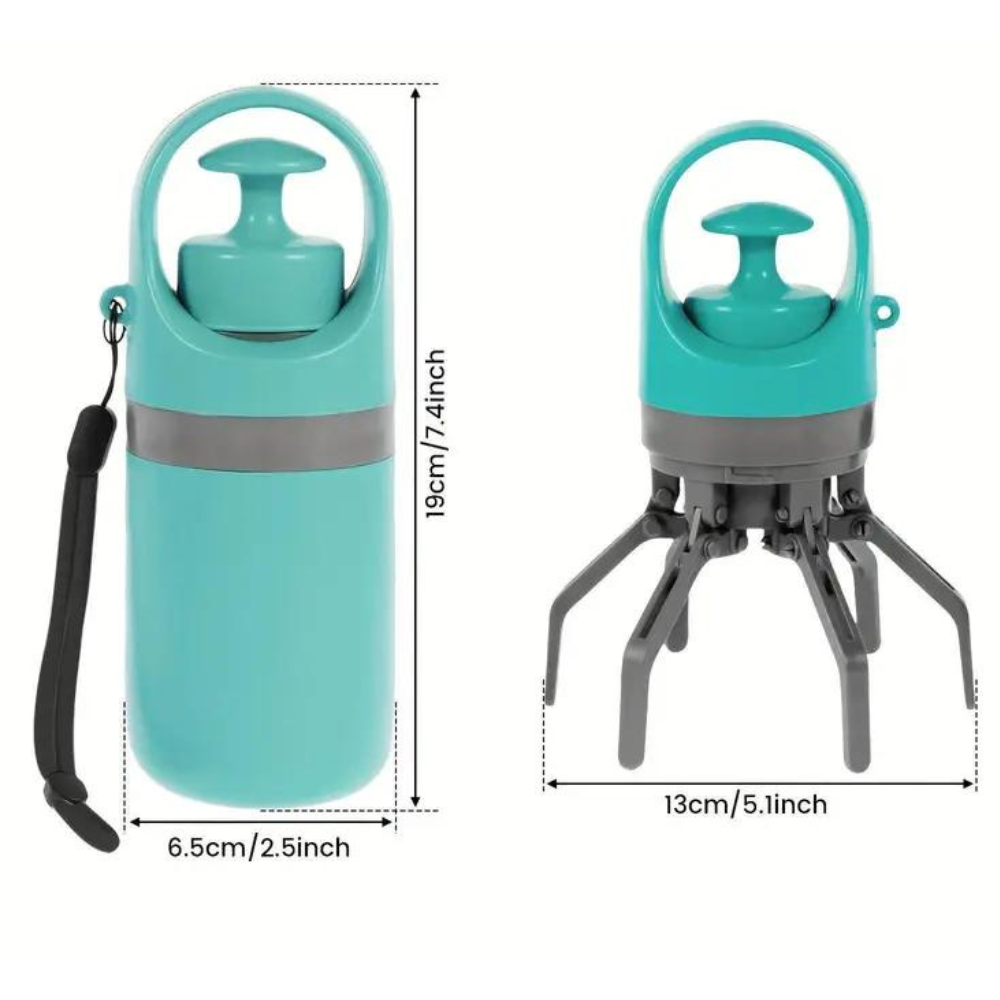 Belro dog poop picker upper claw with garbage bag dispenser, showing the tool and attached waste bags for easy cleanup.