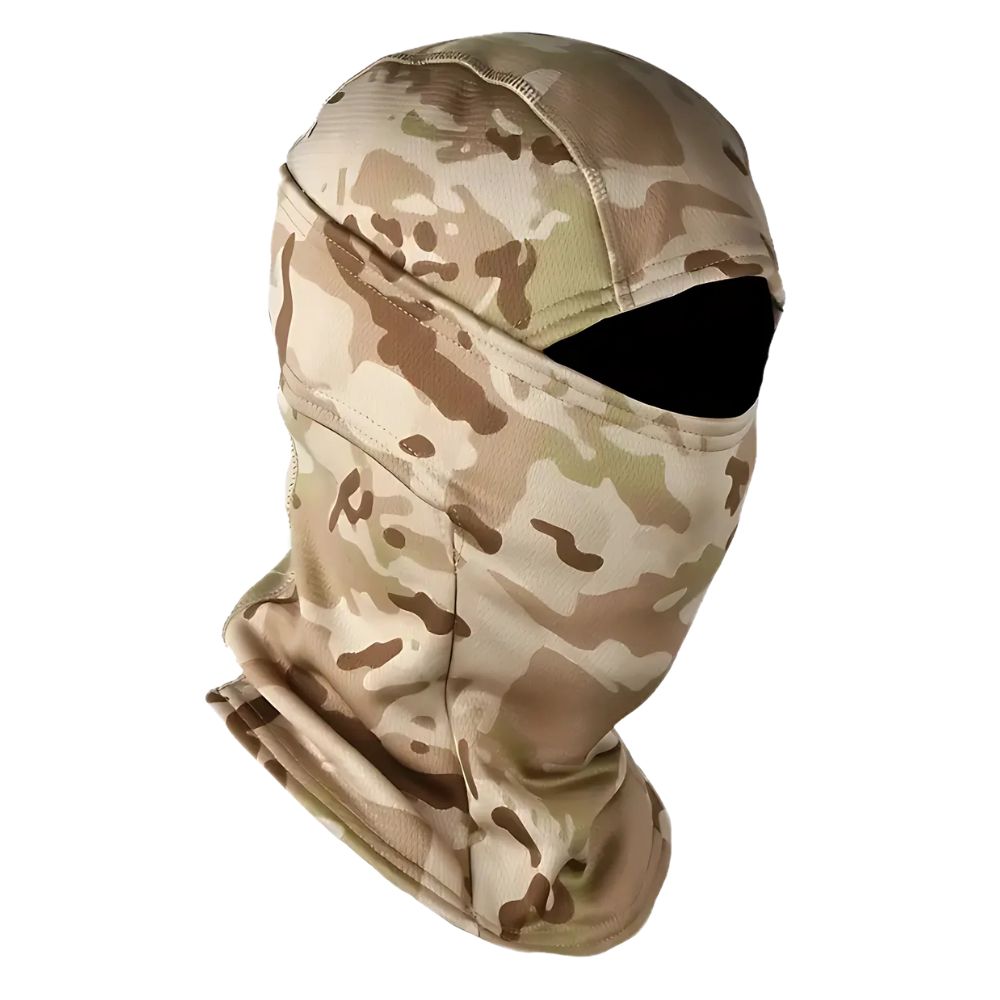 Belro fleece-lined camouflage balaclava full face mask for cold weather, covering the head and neck with a winter camouflage pattern.