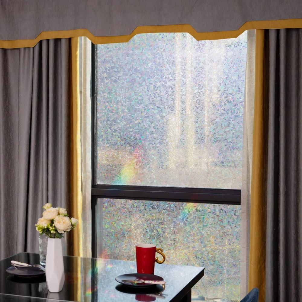 Decorative rainbow stained glass window privacy film by Belro, featuring vibrant colors and intricate glass effect for home decor