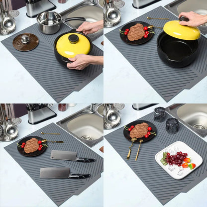 Belro silicone countertop dish drying mat on kitchen counter, non-slip and flexible surface for drying dishes and utensils.