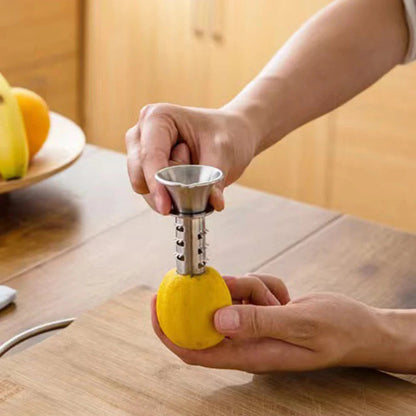 Belro stainless steel manual lemon juicer on kitchen countertop, showcasing its ergonomic handle and juicing bowl.