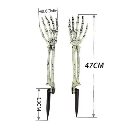 Belro Halloween skeleton hand solar lights accessory attached to a black umbrella for spooky outdoor decor.