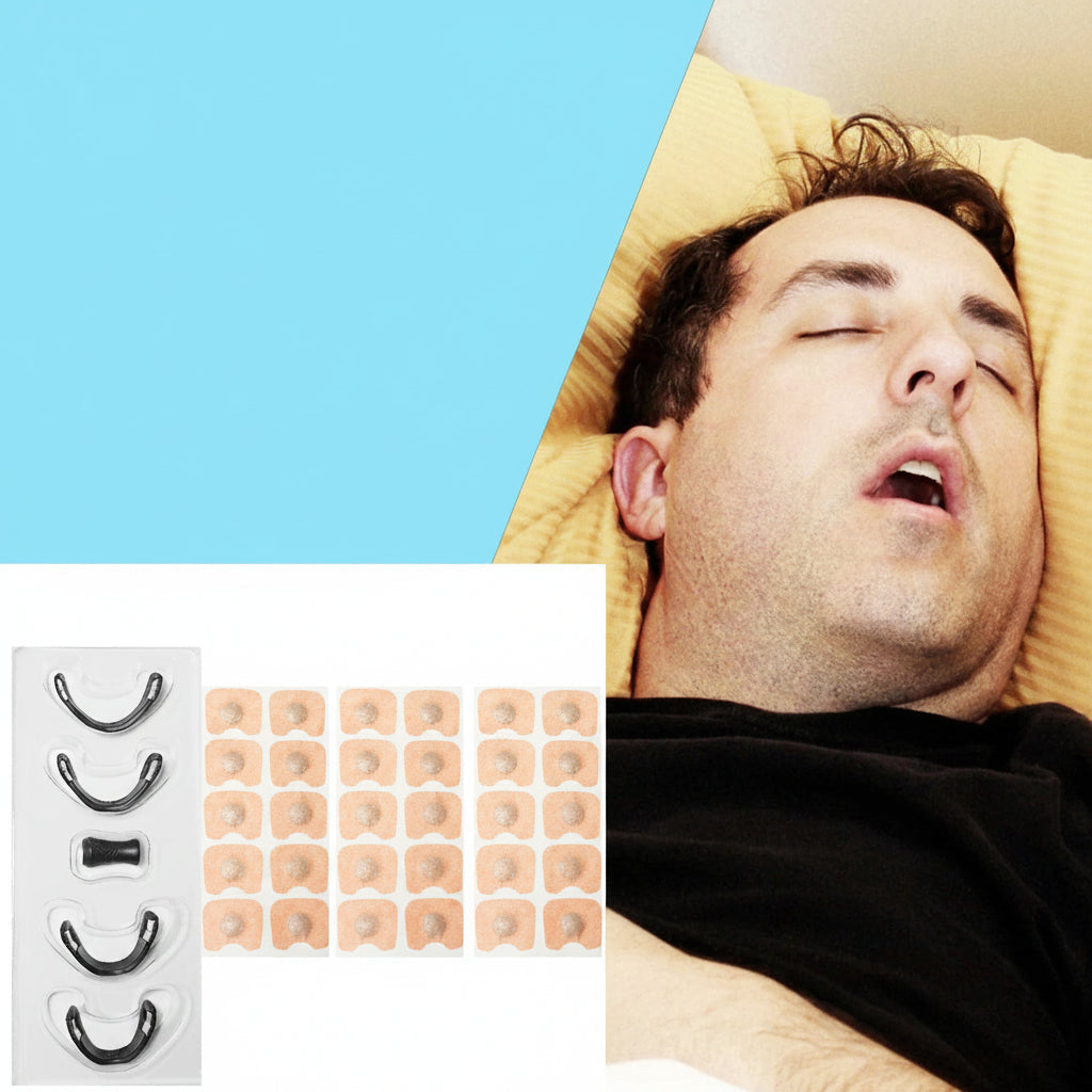 Belro magnetic nasal strips for snoring relief, shown on a user's nose, designed to open nasal passages for better sleep.
