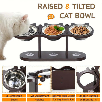 Elevated Belro cat bowl stand with three stainless steel dishes for feeding and watering pets.