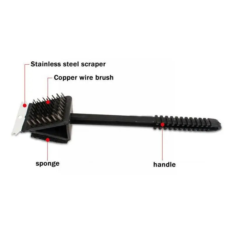 Belro 3-in-1 barbecue grill brush with scraper and sponge, showing the cleaning tool with handle and bristles for outdoor grilling.