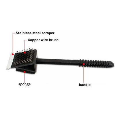 Belro 3-in-1 barbecue grill brush with scraper and sponge, showing the cleaning tool with handle and bristles for outdoor grilling.