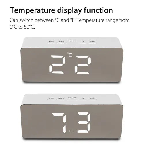 Belro digital alarm clock with smart mirror display, bedside nightlight, and modern home decor design on a desktop.