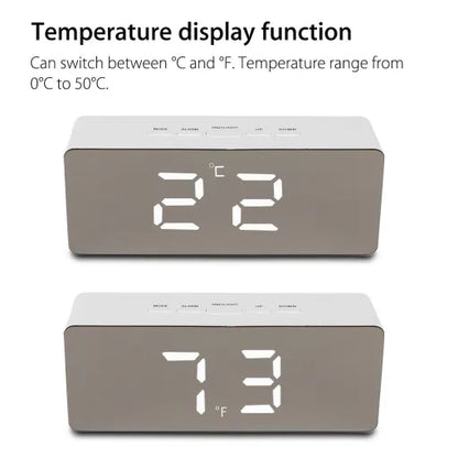 Belro digital alarm clock with smart mirror display, bedside nightlight, and modern home decor design on a desktop.