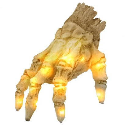 Belro men's crawling skeleton hand costume with lights and sound, featuring detailed skeletal fingers and glowing effects.