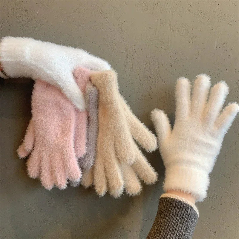 Soft plush winter gloves for women by Belro, featuring cozy, warm fabric and stylish design for cold weather comfort.