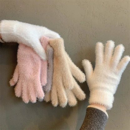 Soft plush winter gloves for women by Belro, featuring cozy, warm fabric and stylish design for cold weather comfort.