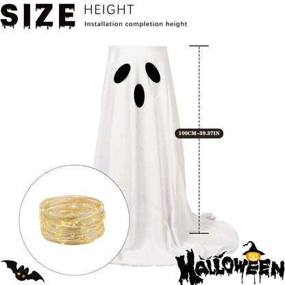Men's Halloween costume featuring a Belro ghost-themed clothing design, with a lighted candy bowl stand as part of the display.