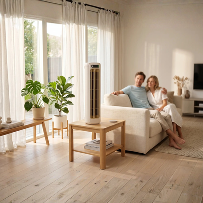 Portable rechargeable air conditioner by BowLift with 16-liter capacity, compact design, and digital controls visible in the image.