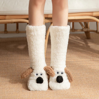 Belro cute dog fuzzy winter socks worn as leg warmers, featuring a cozy, fluffy dog design perfect for cold weather.