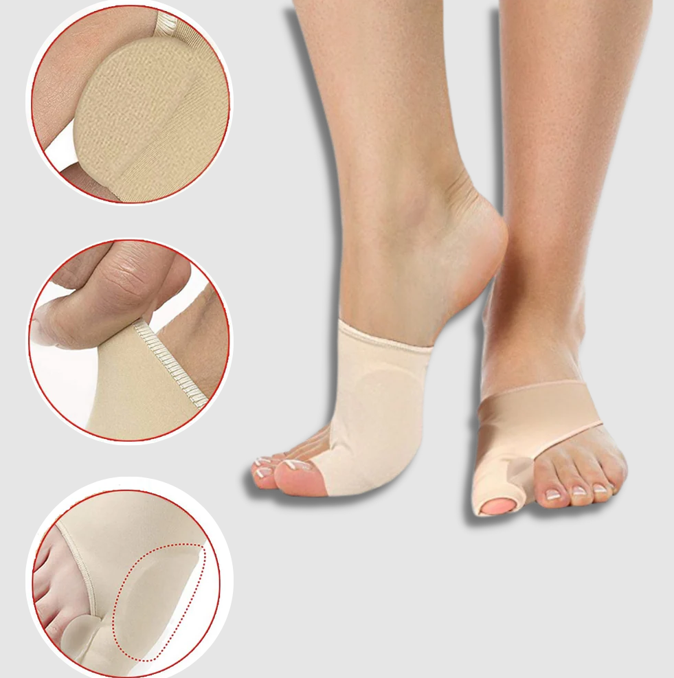 Belro gel bunion corrector worn on a foot to help realign toes and relieve bunion discomfort in a health and beauty setting.