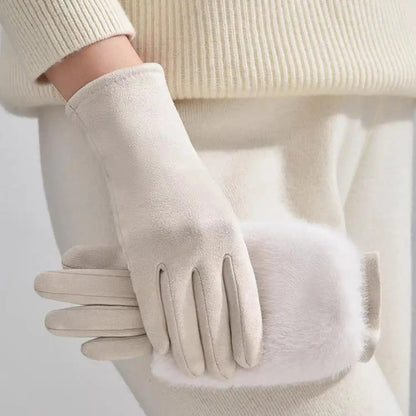 Belro suede winter gloves with rabbit fur lining and touchscreen fingertips, warm accessory for cold weather.