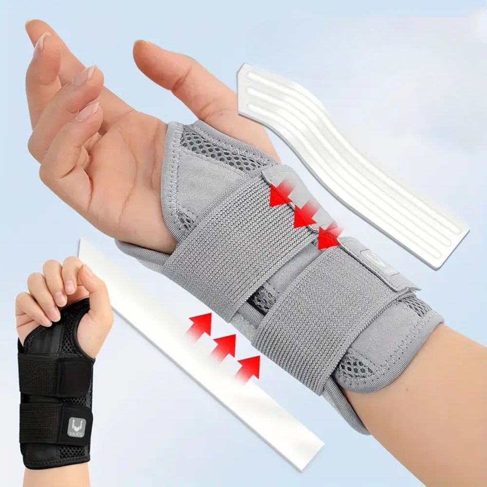 Belro flexible thumb support wrist splint for sprain relief, shown with adjustable suspenders for comfortable fit and stability.