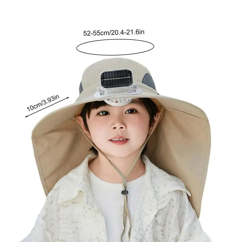 Adjustable kids' solar fan hat by Belro featuring a wide brim and built-in solar-powered fan for sun protection.