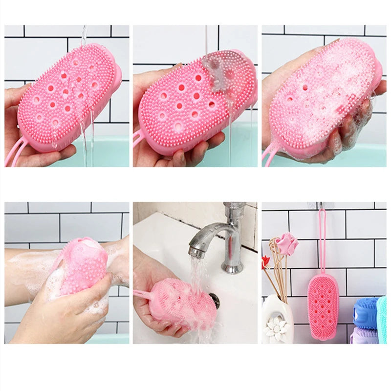 Belro silicone body scrubber with soap dispenser, pink textured exfoliating bath accessory for skincare and cleansing.