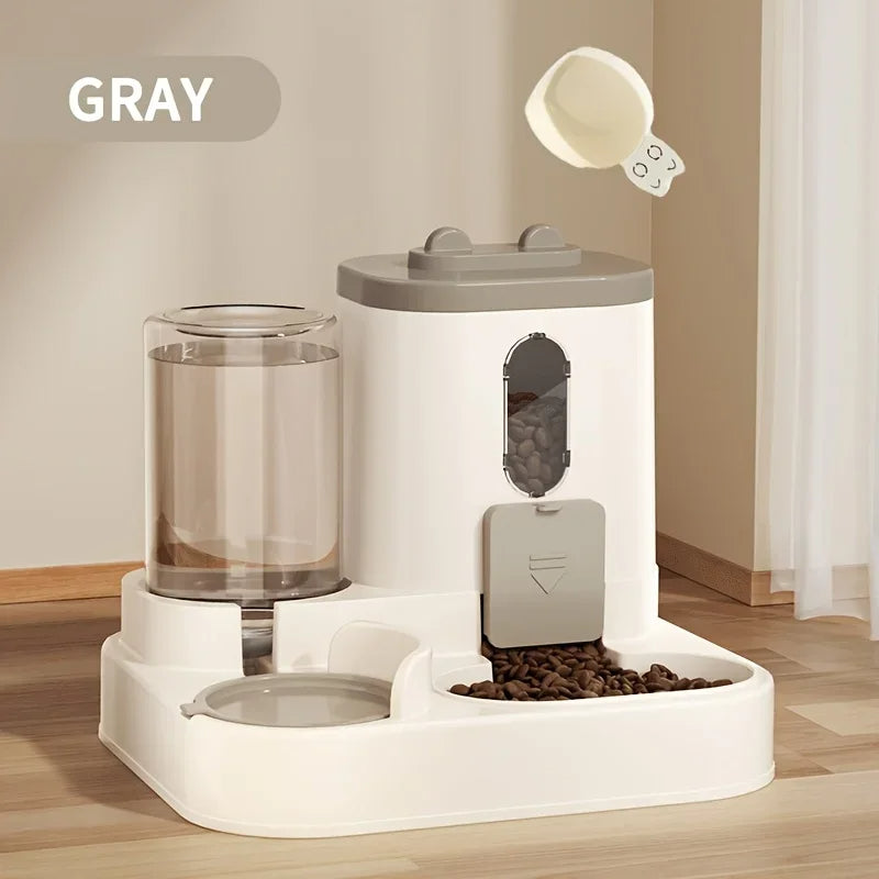 Belro 2-in-1 dog and cat feeder with water dispenser, showing dual storage bowls for pet food and water.