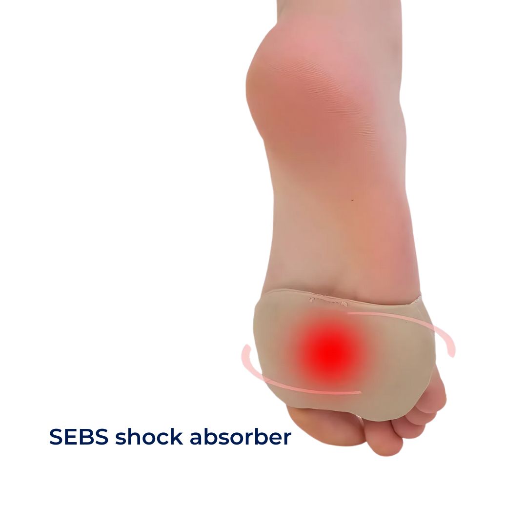 Bowlift metatarsal gel cushion pads for Morton’s neuroma relief and foot pain, shown placed on a foot to reduce pressure.