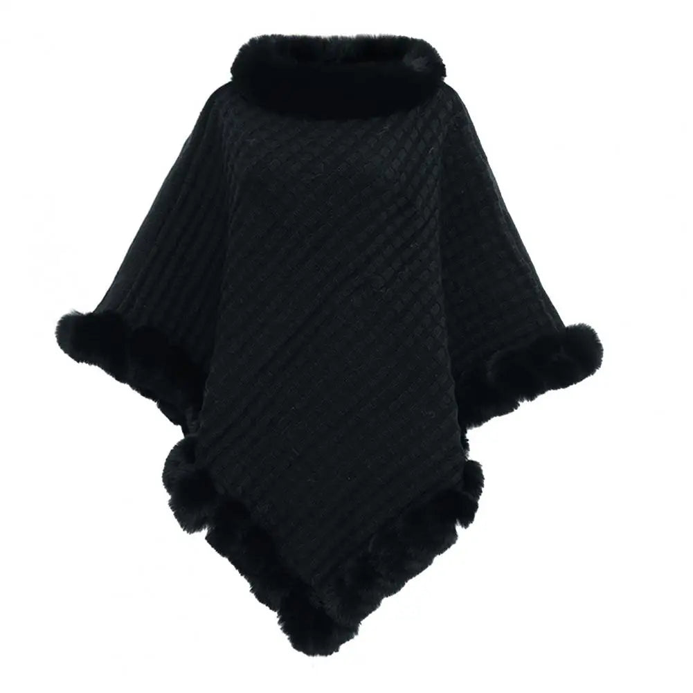Belro faux fur shawl cloak for women draped over shoulders, showcasing soft, luxurious fur and stylish design.