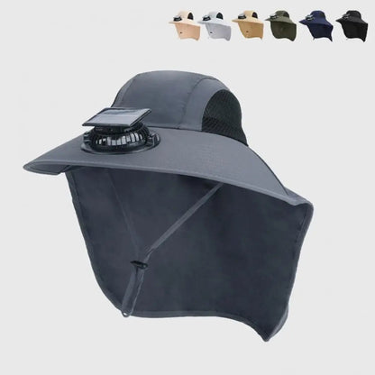 Belro solar fan hat with wide brim for UV protection, showing breathable fabric and integrated fan for cooling in outdoor settings.