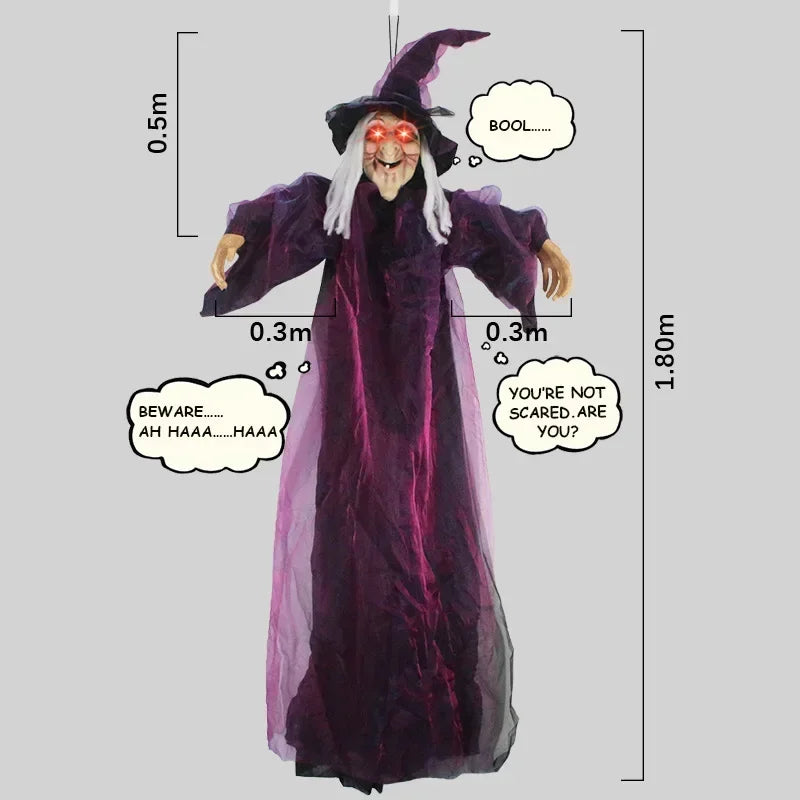 Belro animated Halloween witch decor for men with glowing eyes and sound, featuring spooky witch costume details.