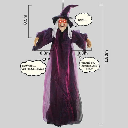 Belro animated Halloween witch decor for men with glowing eyes and sound, featuring spooky witch costume details.
