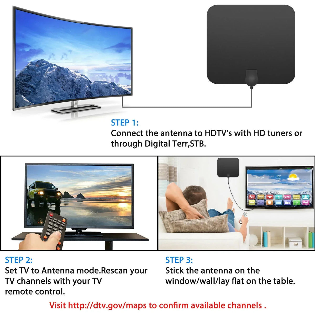 Belro indoor digital HDTV antenna with signal booster, 300 miles range, compact design for enhanced TV reception and clear channels