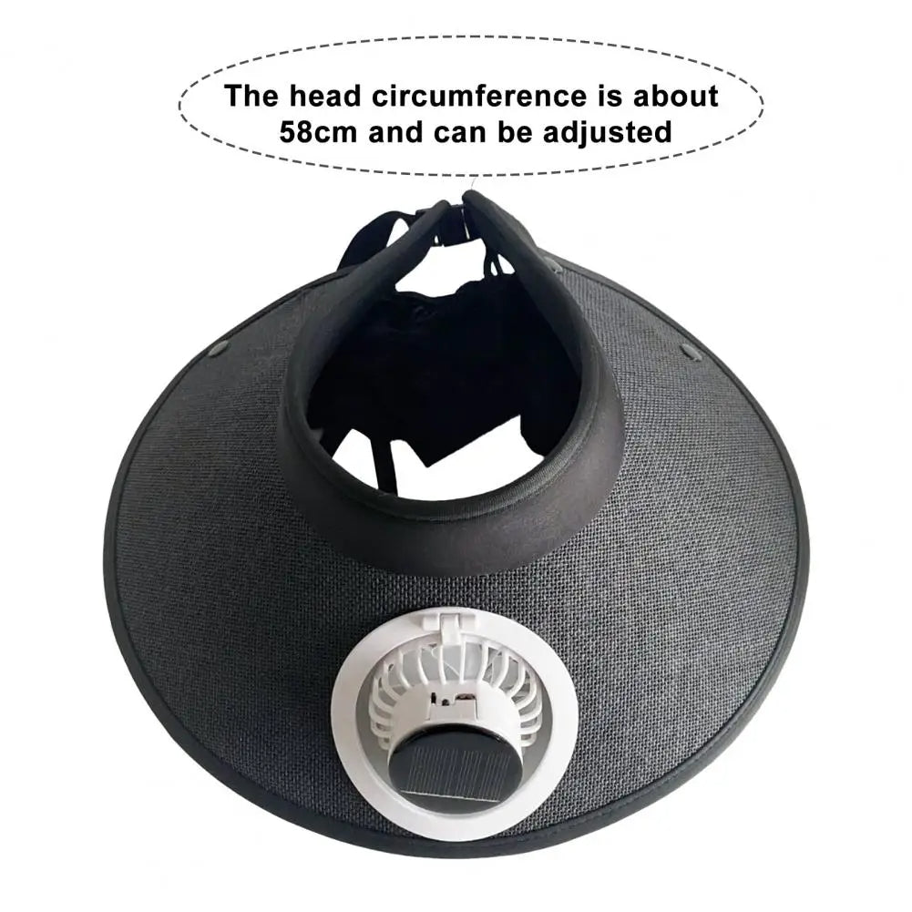 Belro wide brim sun hat with integrated solar-powered fan, breathable fabric, and adjustable strap for outdoor sun protection.