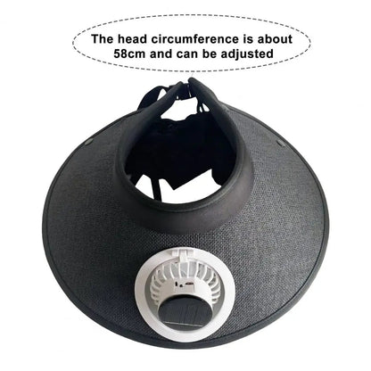 Belro wide brim sun hat with integrated solar-powered fan, breathable fabric, and adjustable strap for outdoor sun protection.