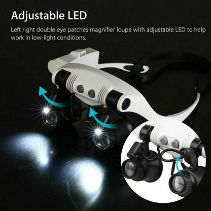 Belro headband magnifier with 8 lenses and LED light, jeweler glasses for detailed close-up work and precision viewing.