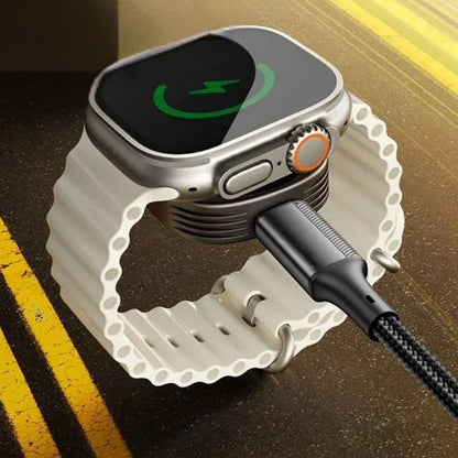 Belro portable wireless smart watch fast charger connected to a smartwatch, compact electronic device for quick charging.