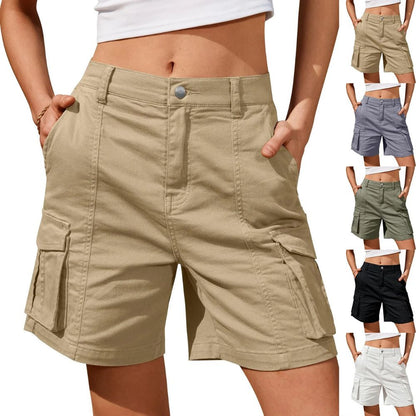 Belro women's low waist long work cargo shorts showing front view with multiple pockets and casual fit.