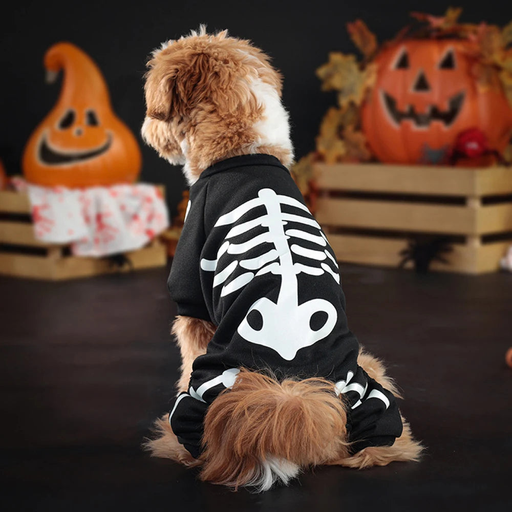 Belro Skeleton Jumpsuit Dog Halloween Costume with bone print, full-body costume for dogs, suitable for festive dress-up.