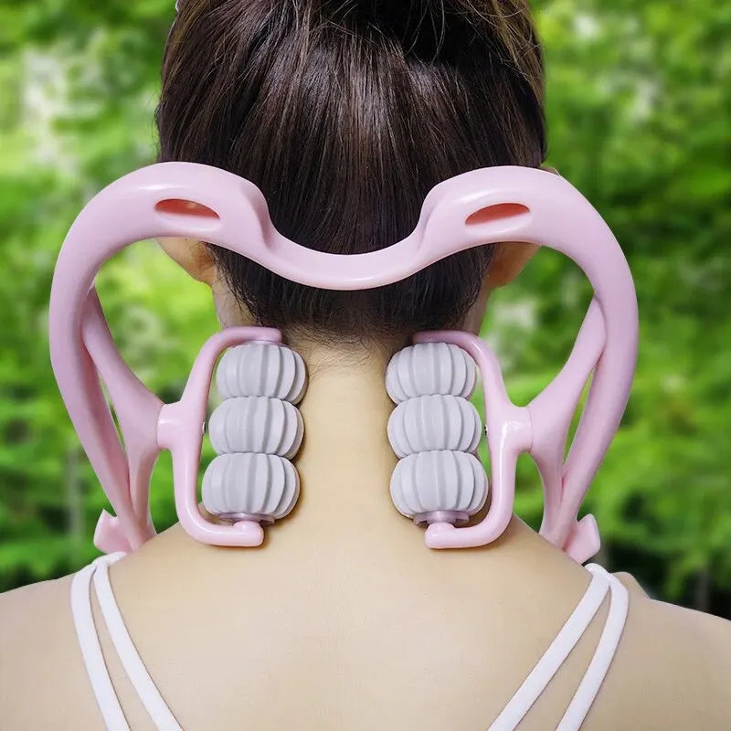 Belro manual neck and shoulder massager with kneading rollers showing ergonomic design and adjustable straps for targeted relief.