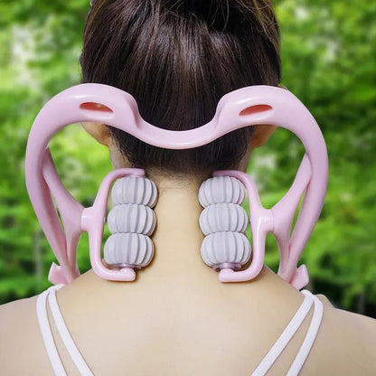 Belro manual neck and shoulder massager with kneading rollers showing ergonomic design and adjustable straps for targeted relief.