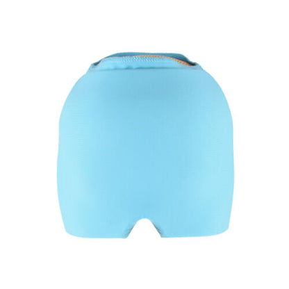 Belro Headache Hat in blue, a cooling gel cap designed for pain relief, shown on a model's head in a health and first aid setting.