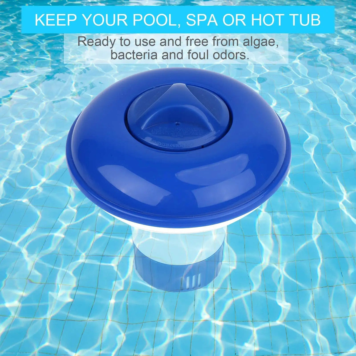 Belro adjustable pool chlorine floater in outdoor garden setting, designed for safe and even distribution of pool chlorine.