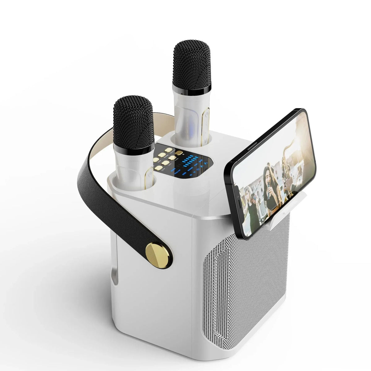Mivoza Bluetooth karaoke speaker with two microphones, portable and ready for home parties, featuring sleek design and user-friendly controls.