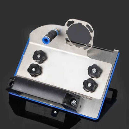 Mivoza angle grinder tile holder with 45° bevel cuts, vibration-free design, used for precise tile cutting and edging.