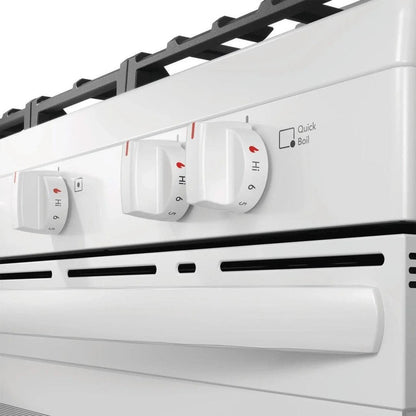 Casavibeo Frigidaire 30-inch gas range with four burners and oven, stainless steel finish, and control knobs.